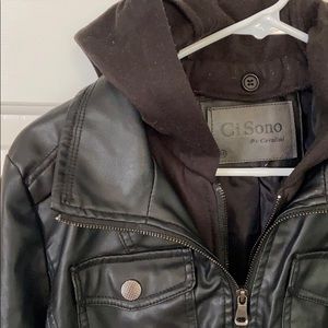 Faux leather hooded black bomber jacket
